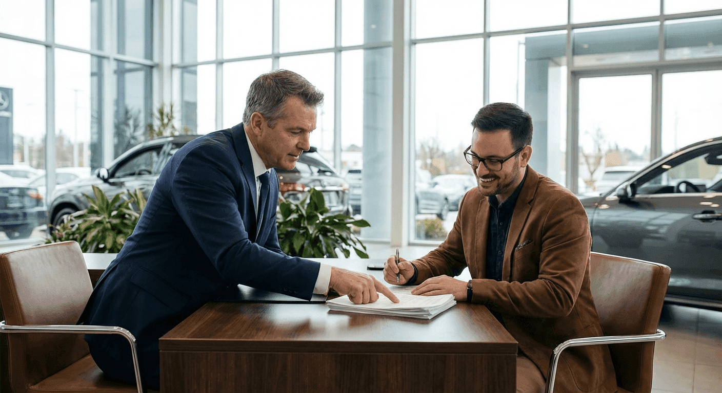 A dealer and customer talking at a desk