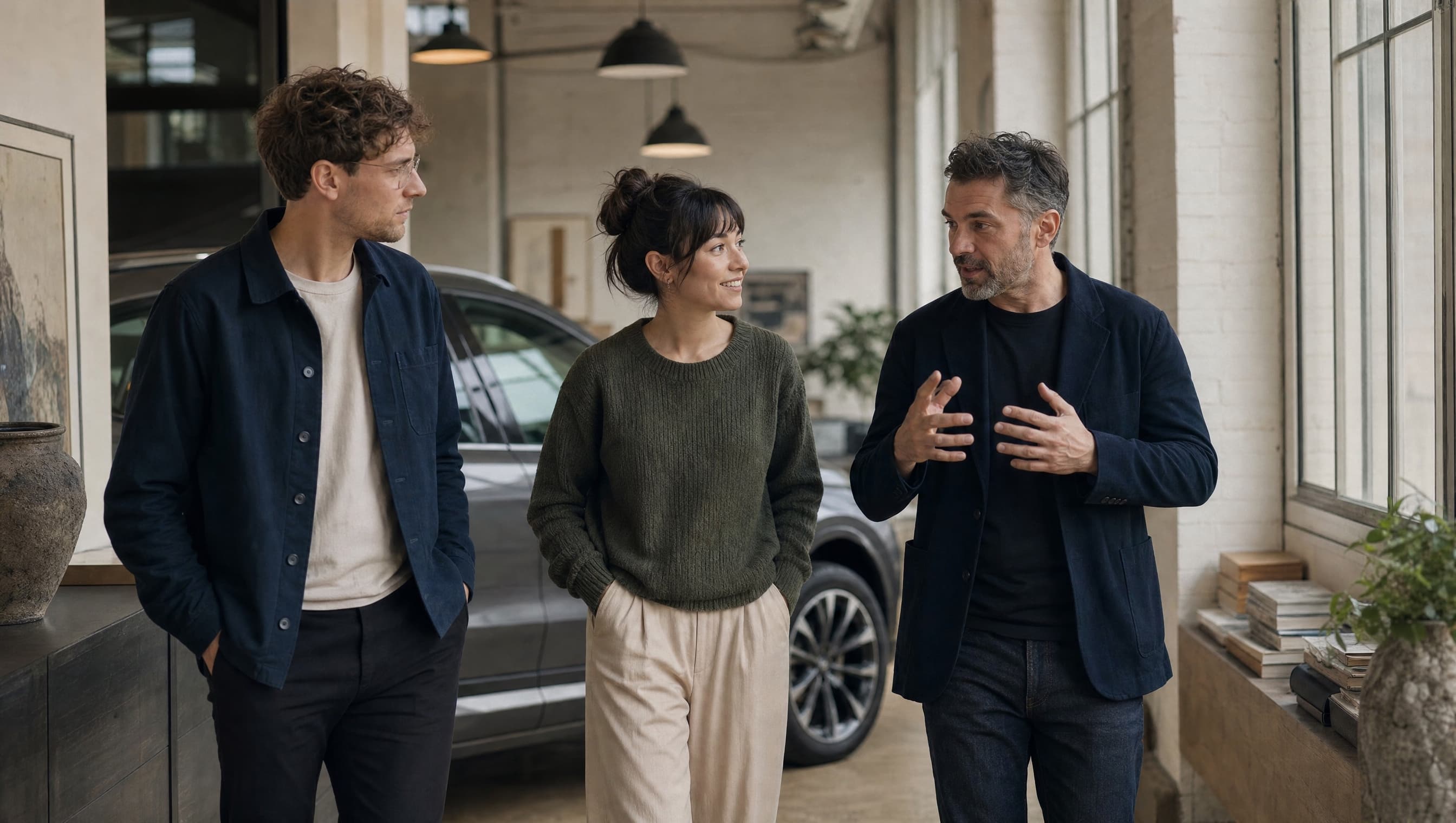 A dealership team discussing its warranty programme beside a car