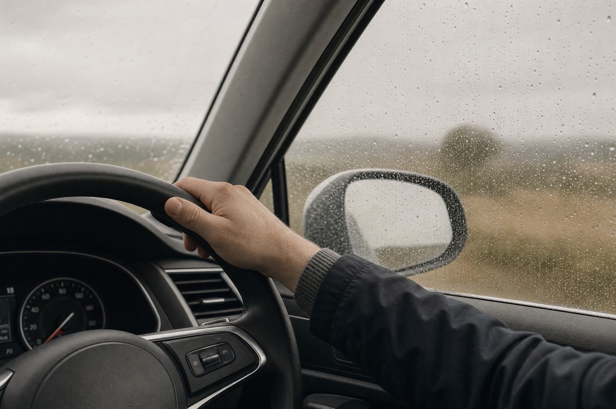 The cabin of an ordinary car being driven in wet weather