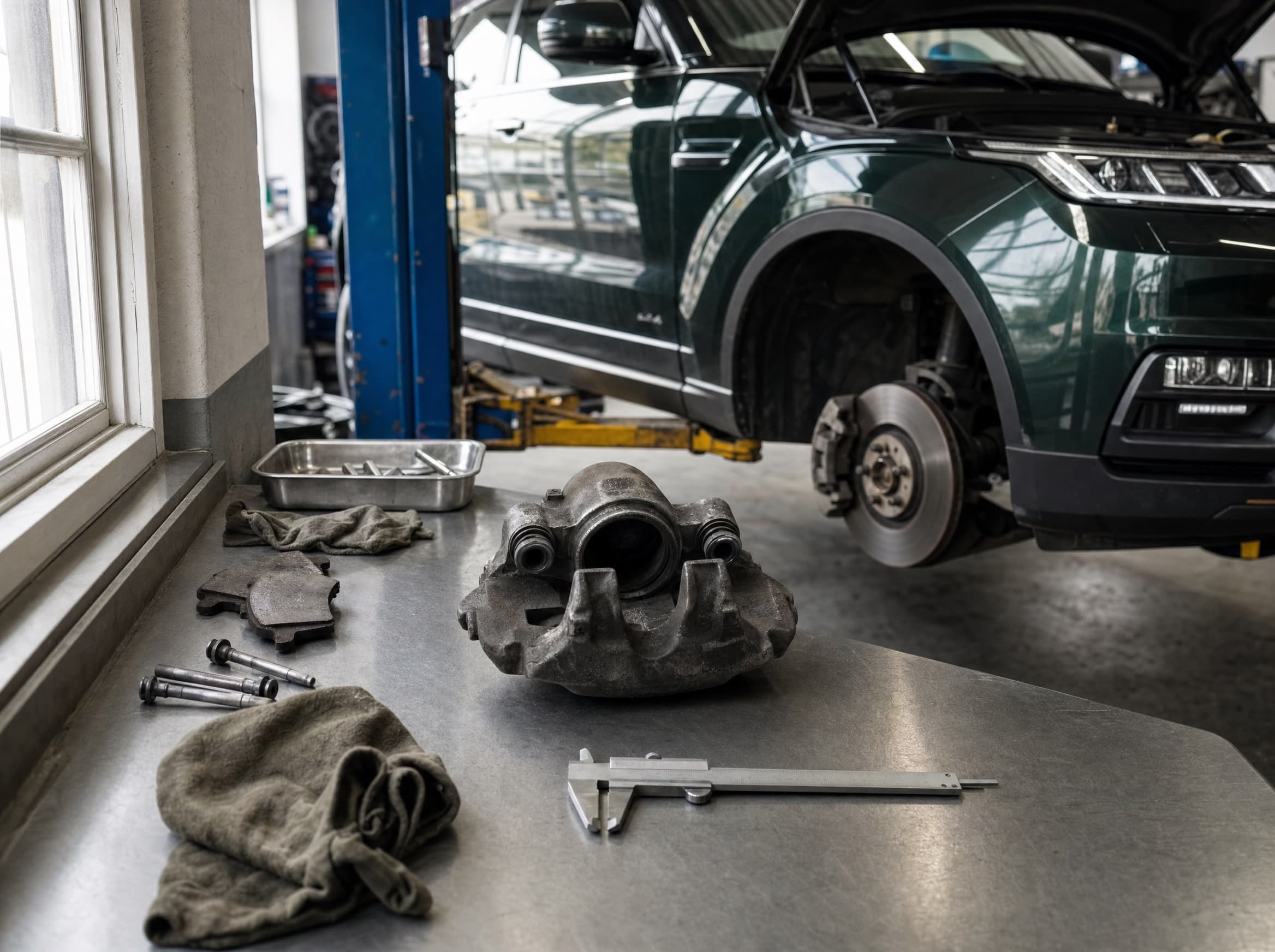 Brake components prepared beside a car in a workshop