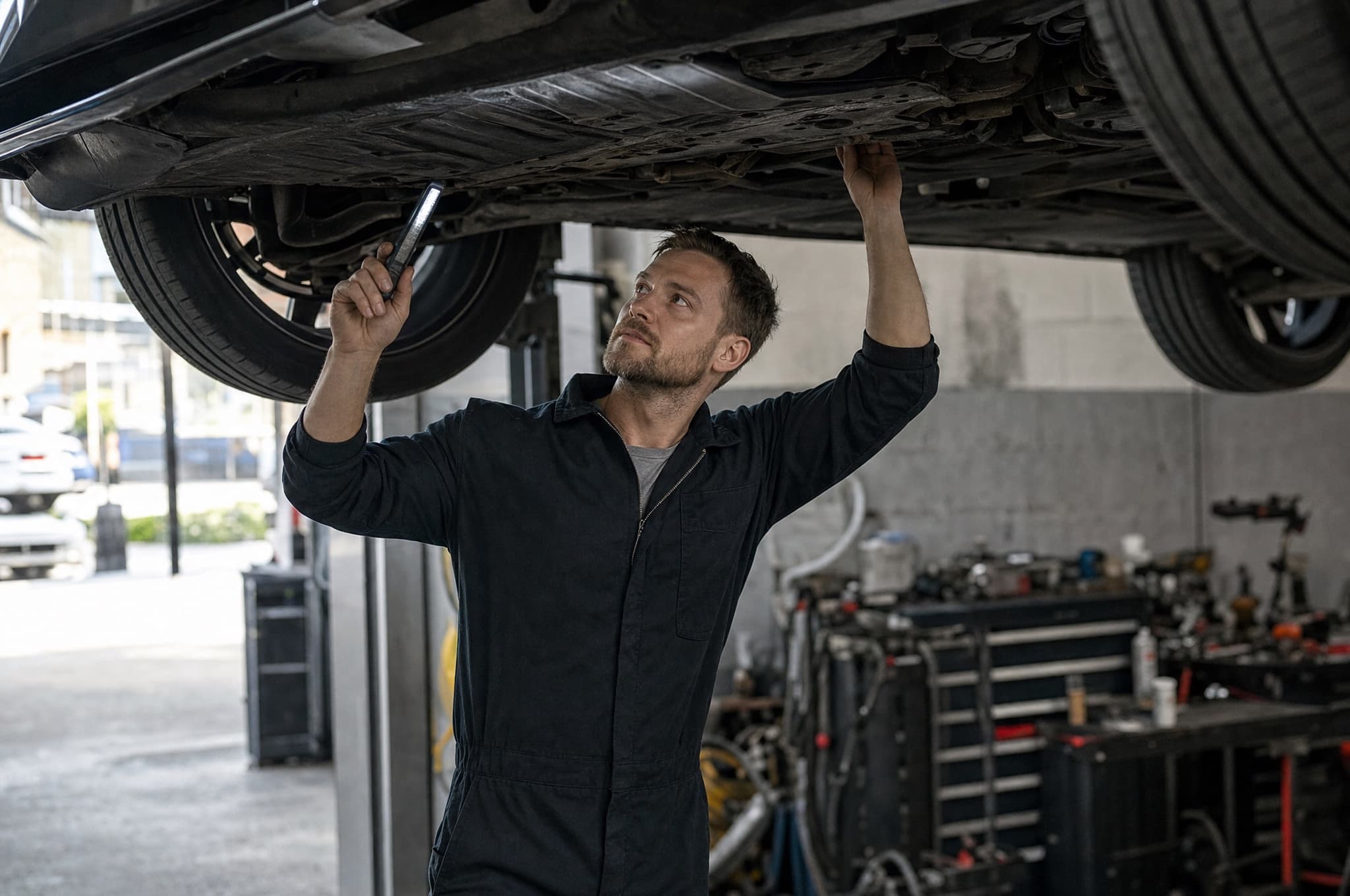 A technician inspecting a vehicle in a workshop