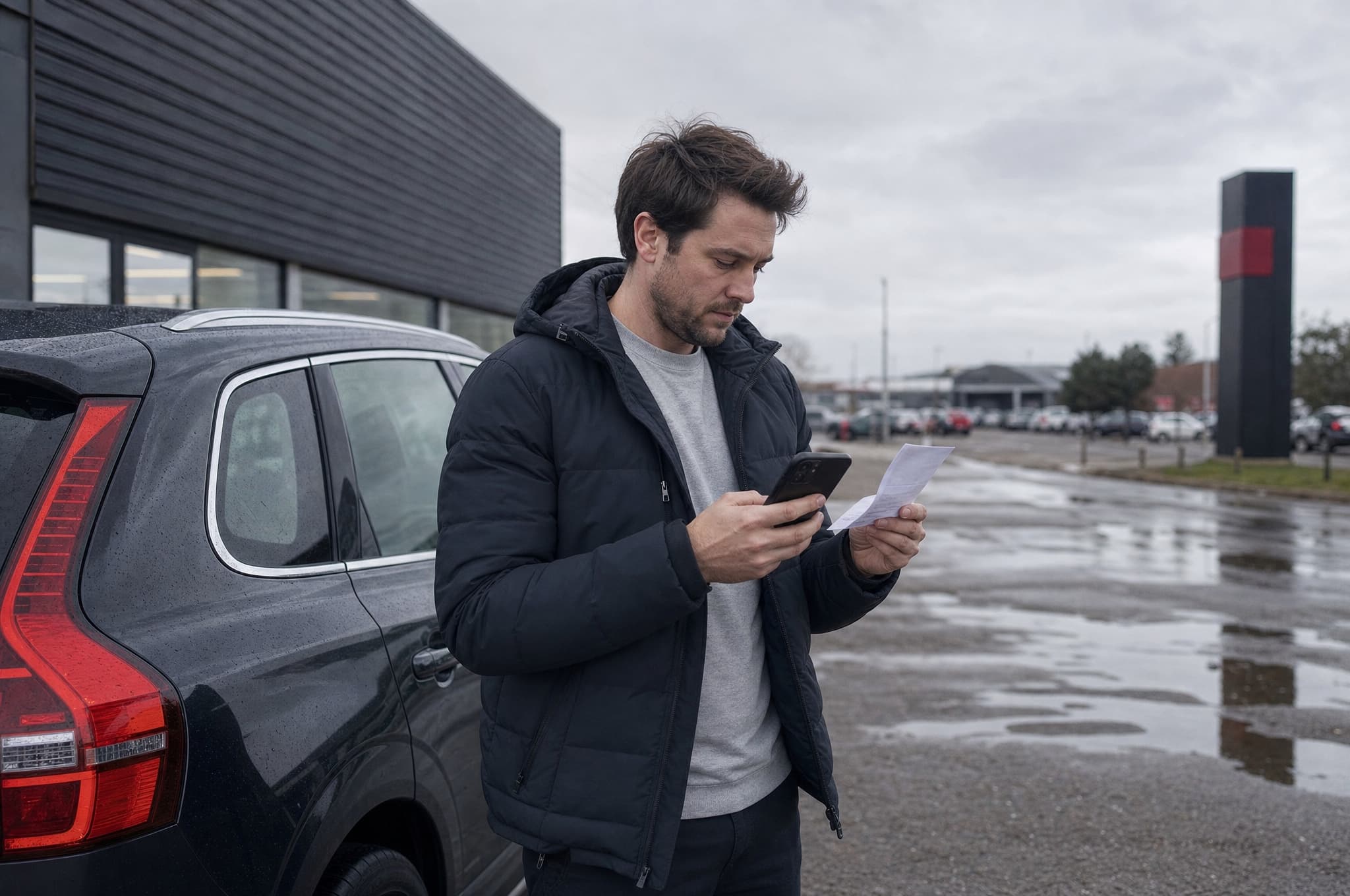 A salesperson checking paperwork beside a car on a wet forecourt