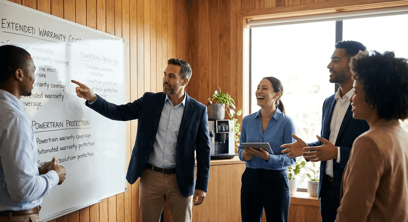 Dealer principals shaping a warranty programme at a whiteboard